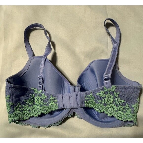 Wacoal Bra 36DDD Embrace Lace Lilac Blue W Green Lace 853191 Tshirt Bra - Picture 2 of 4